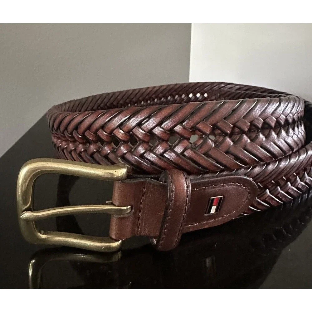 TOMMY HILFIGER Braided Woven Brown Leather Belt Small 32 Handmade Vintage